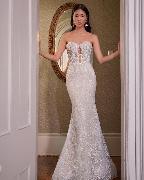 La23249 strapless lace wedding dress with long sleeves and sheath silhouette1